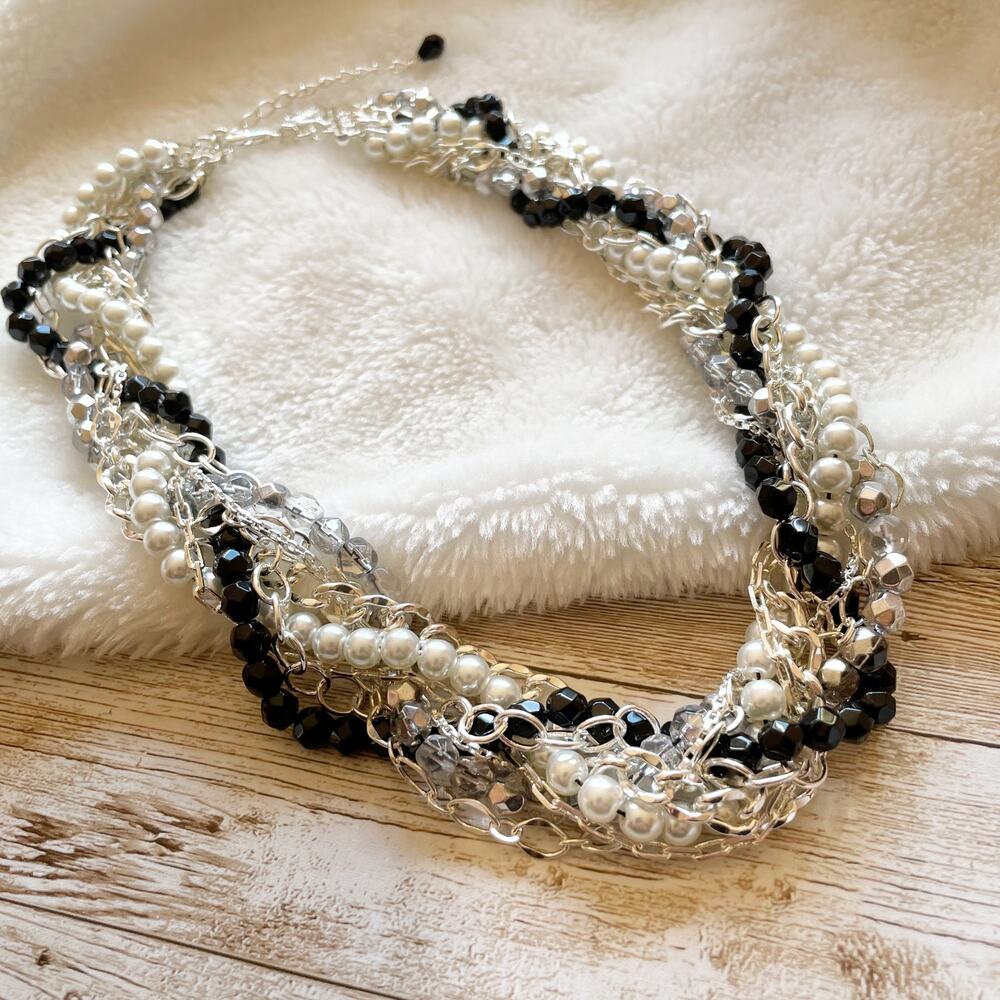 White House Black Market Faux Pearl Torsade Statement Necklace Silver Tone NWOT